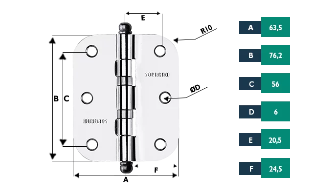 DOBRADICA MEDIA 3X2.1/2 CROM C/ANEL RED PINO BOLA - Soprano