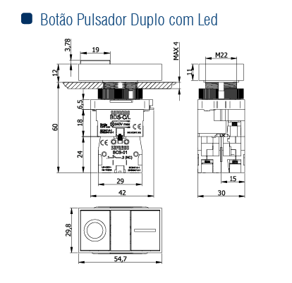 BOTAO PULSADOR DUPLO C/ LED 220VCA NA+NF - Soprano