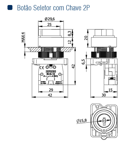 BOTAO SELETOR C/ CHAVE 2P FIXOS NA - Soprano