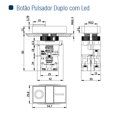 BOTAO PULSADOR DUPLO C/ LED 220VCA NA+NF - Soprano